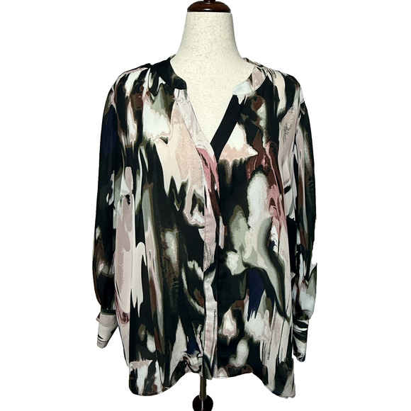 Jennifer Lopez Top 2X Black Pink Watercolors Lace Up Sleeves Flowy Button Up - Picture 1 of 11